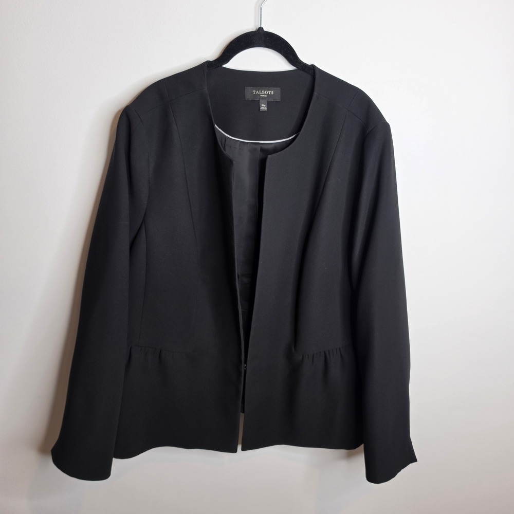 Talbots Blazer Womens 18W Black Collarless Peplum Hem Open Front Jacket